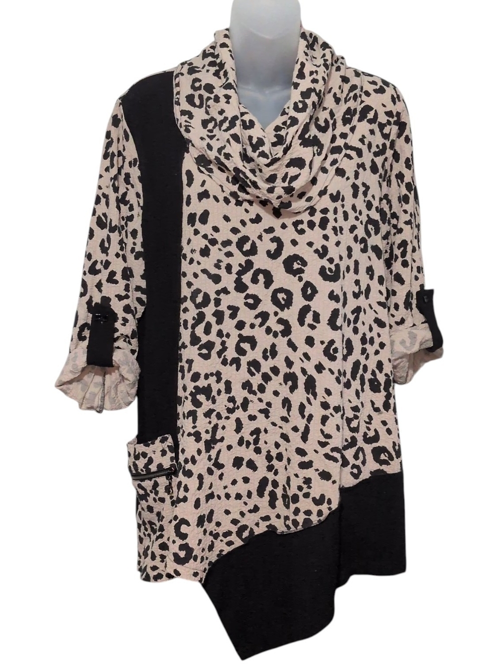 Ali Miles Oversized Medium Textured Asymmetrical Hem Leopard Cowl Neck Tunic